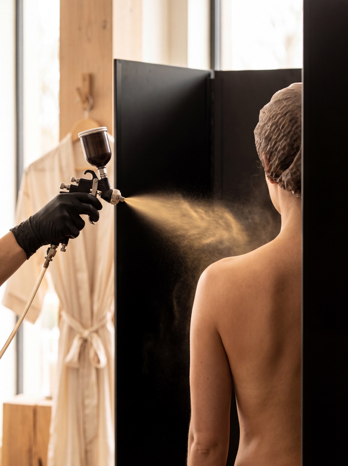 Purškiamo įdegio procedūra — meistrės ranka su purškimo aparatu ir aukso dulksna